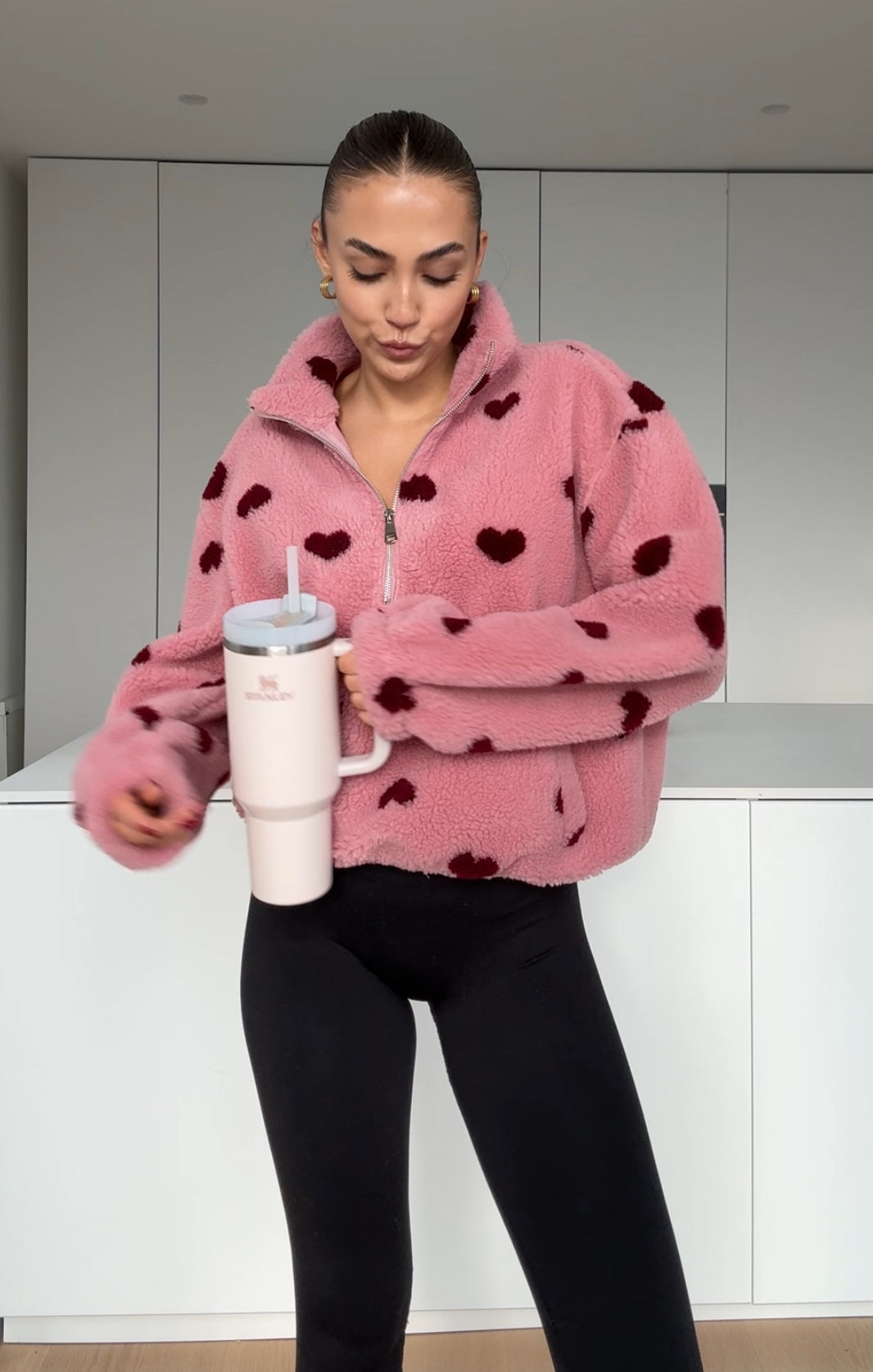 HEART TEDDY FLEECE JACKET BERRY