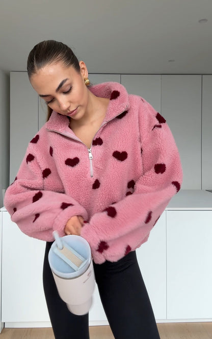 HEART TEDDY FLEECE JACKET BERRY