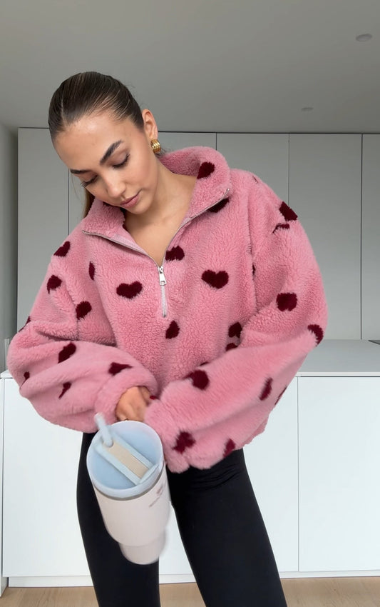 HEART TEDDY FLEECE JACKET BERRY