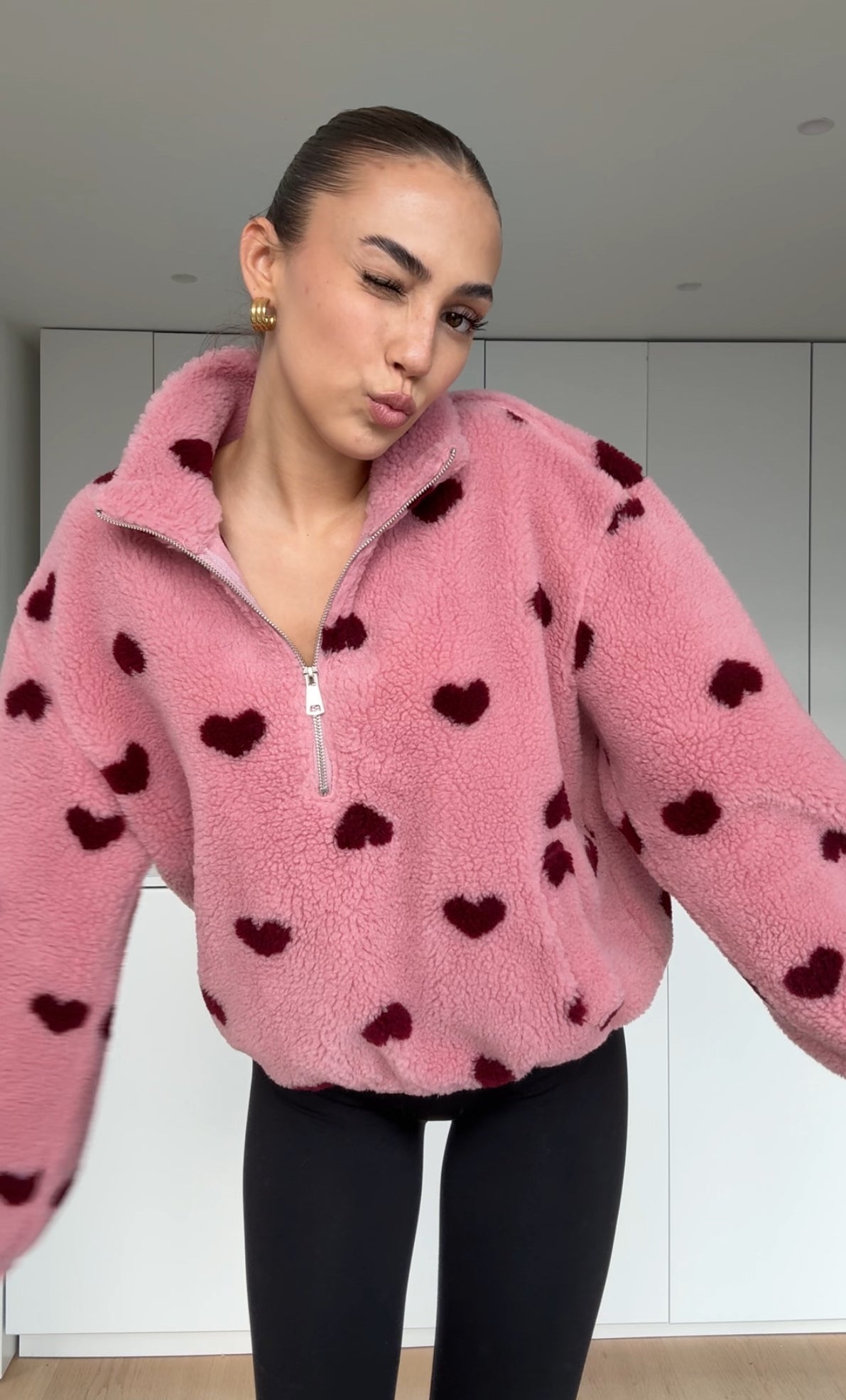 HEART TEDDY FLEECE JACKET BERRY