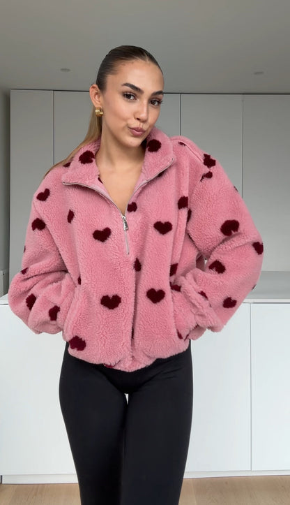 HEART TEDDY FLEECE JACKET BERRY